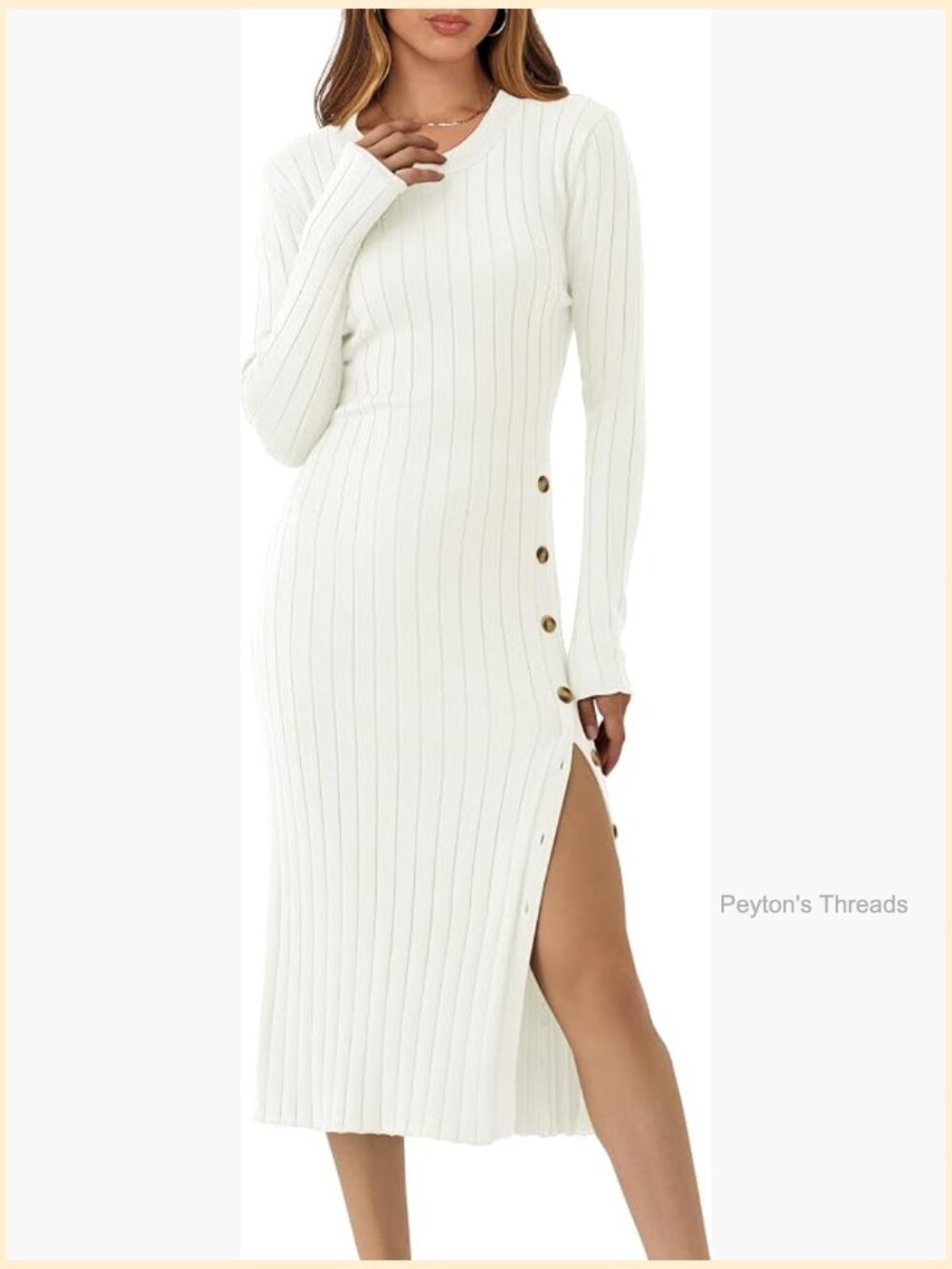 Long Sleeve Midi Dress Ribbed Knit Bodycon Fitted Button Down Slit Sweater Dress